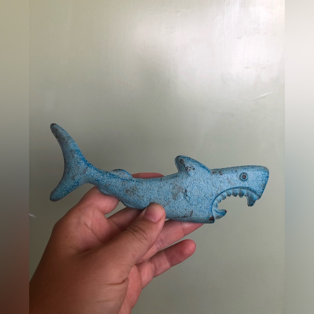 Cast Iron Attacking Shark Teeth Beer Bottle Opener Hand Held Nautical Blue Tiki